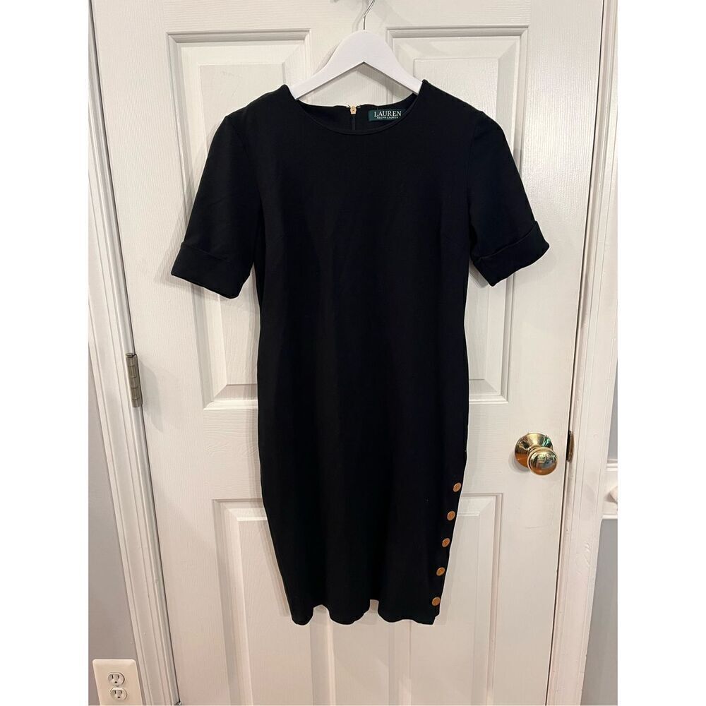 Lauren Ralph Lauren Little Black Shirt Cuffed Sleeve Gold Logo Button Dress sz P